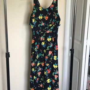 Navy floral maxi dress with ruffled top